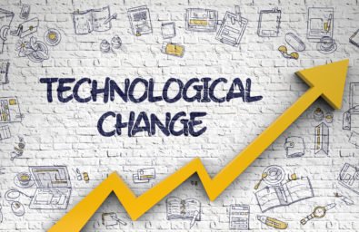 Technological Change Drawn on White Brickwall. Technological Change - Modern Line Style Illustration with Doodle Design Elements. Technological Change Inscription on Line Style Illustration. with Orange Arrow and Hand Drawn Icons Around.